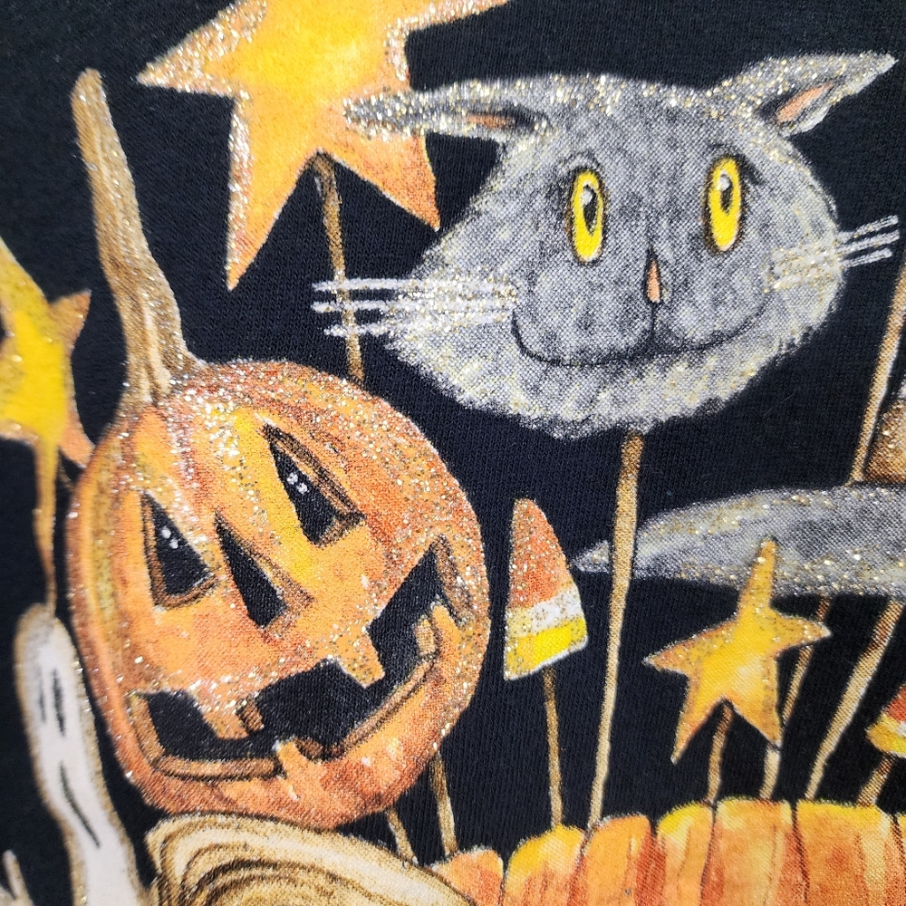 Gildan Vtg Halloween cat pumpkin ghost sparkly graphic t-shirt woman's size L - Picture 4 of 8
